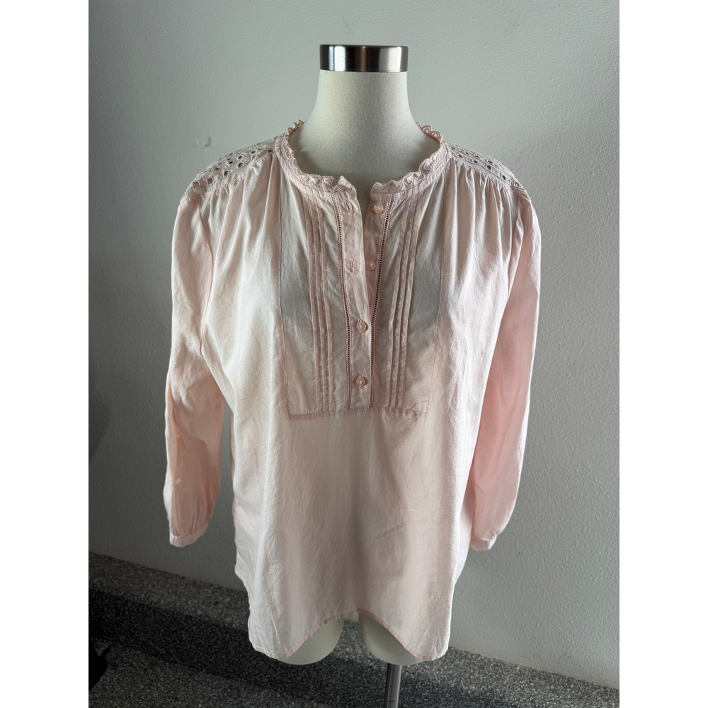 Lucky Brand Womens XL Pink Cotton Eyelet Lace Pintuck Boho Peasant Blouse Shirt